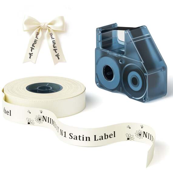 N1 14mm x 5.1m Black on Beige Printable Satin Gift Ribbon Roll