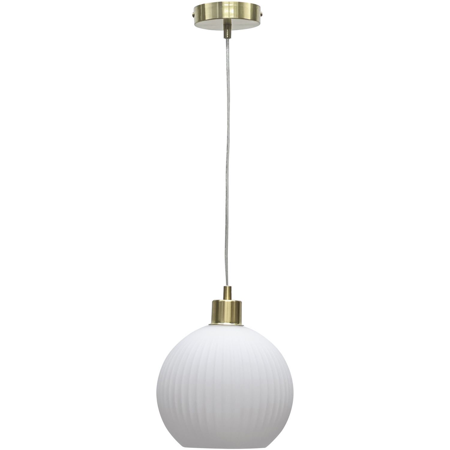 First Choice Lighting Betchley White Ribbed Glass Globe With Satin Brass Pendant Fitting - Satin Brass & White - Image 1