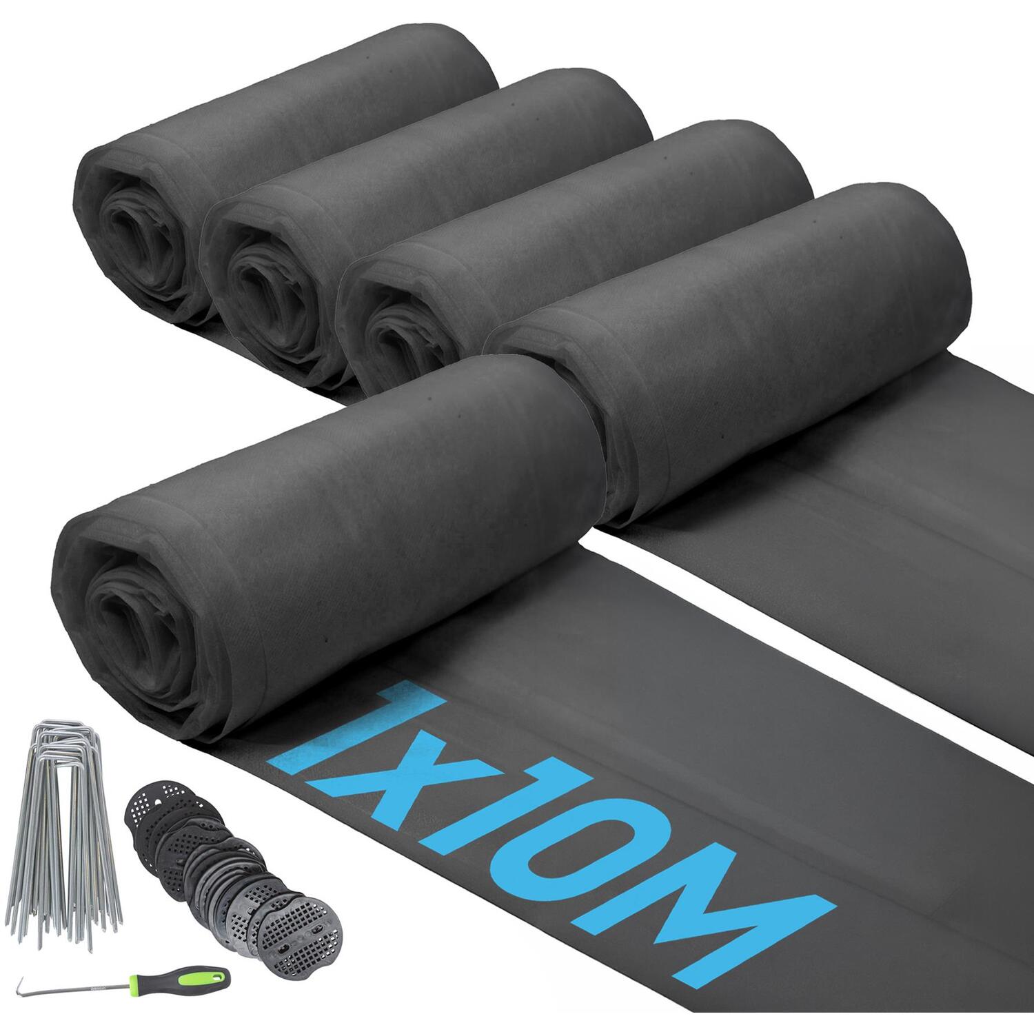Harbour Housewares 100Gsm Weed Control Membrane With Pegs & Plates 1M X 10M - Black / 10.25Kg