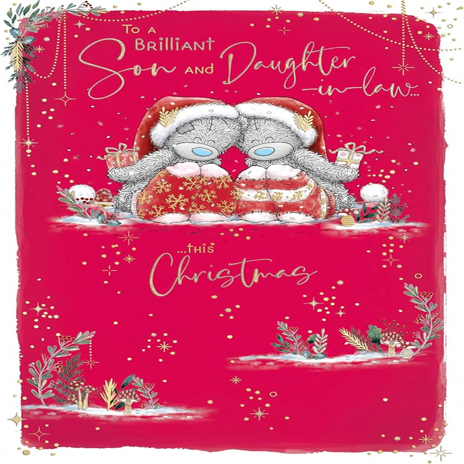 Me To You Bears Sitting With Gift Son And Daughter In Law Christmas Card - Red
