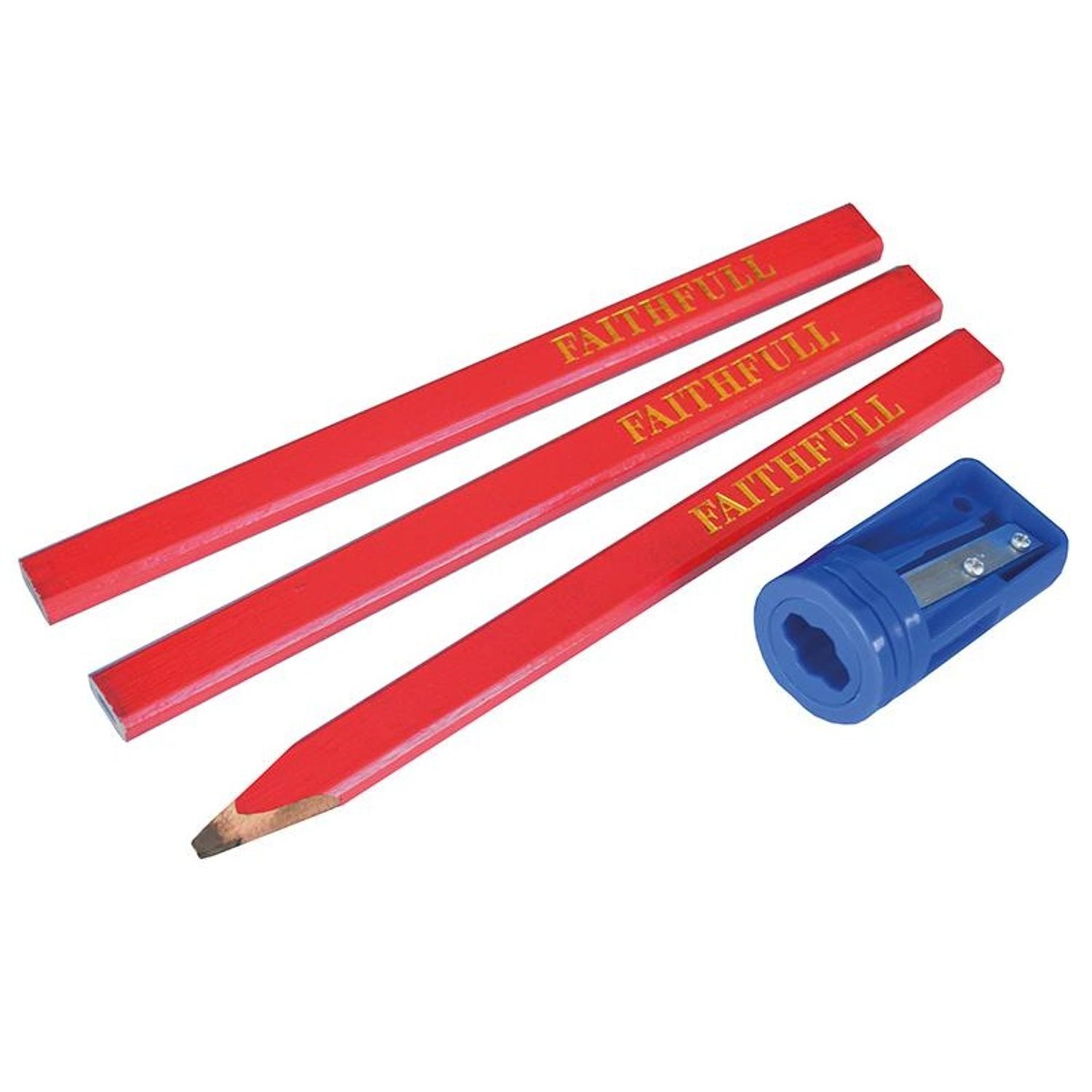 Faithfull Carpenters' Pencils Red (Pack 3 + Sharpener) - Red