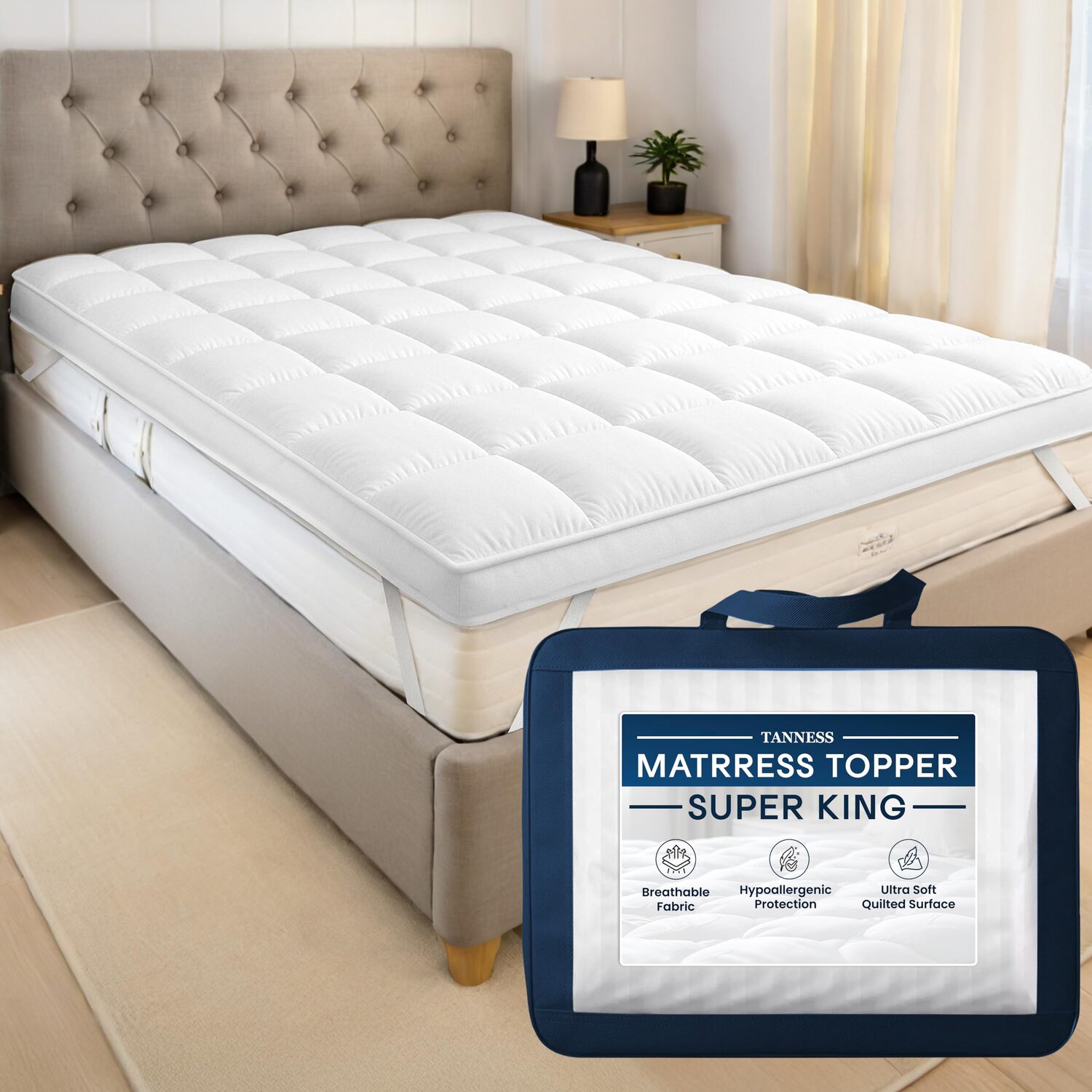 Tanness Unisex White Mattress Topper 10Cm Soft Quilted Microfiber Breathable Hypoallergenic In | Size: Super King - Image 2