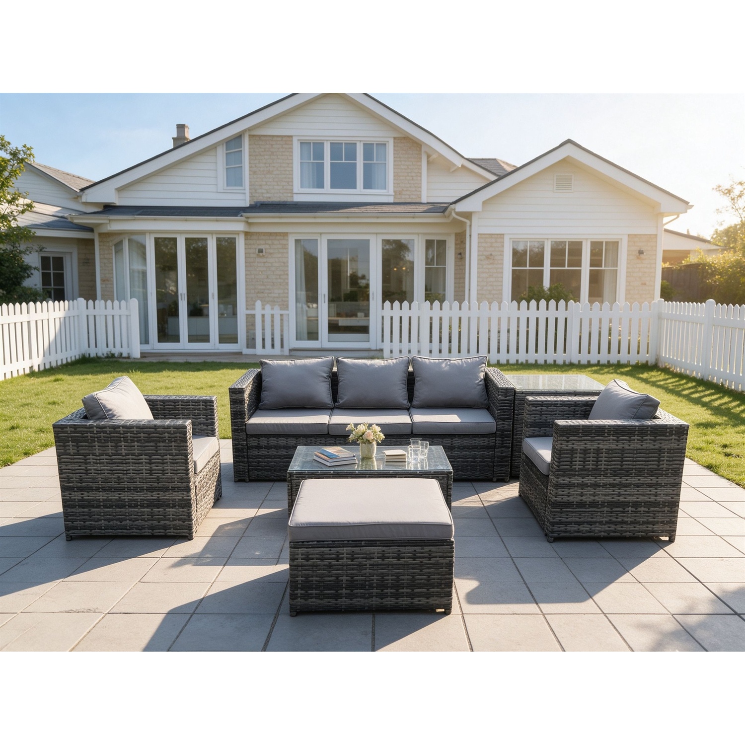 Fimous Dark/Grey Rattan Garden Lounge Set - Mixed Indoor/Outdoor Patio Sofa With 3-Seater Sofa, Coffee Table & 2 Armchairs - Image 2