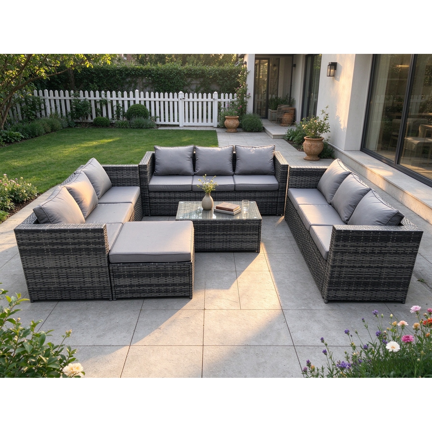 Fimous Dark/Grey Outdoor Lounge Sofa Set Wicker Pe Rattan Garden Furniture Set With Oblong Coffee Table Big Footstool Mixed - Image 2