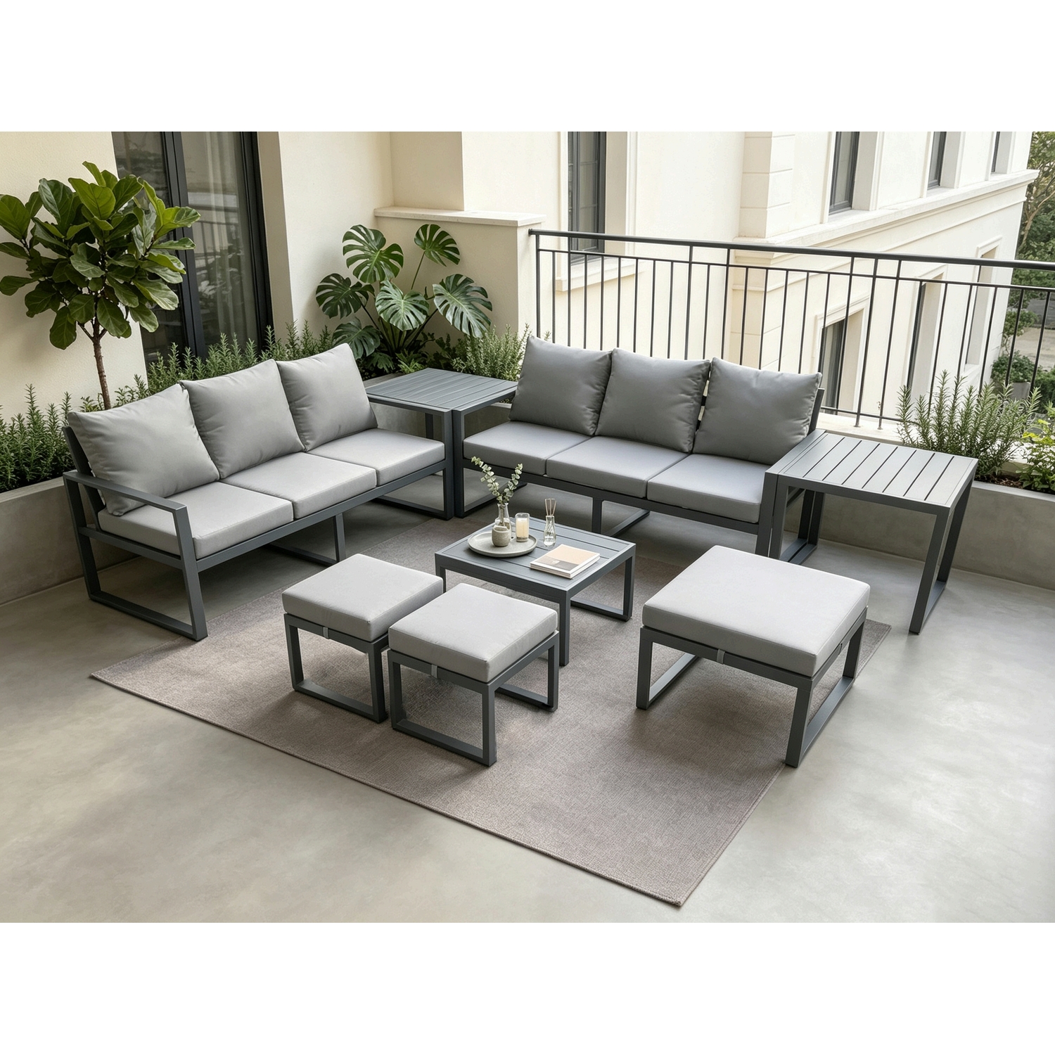 Fimous Unisex Dark Grey Aluminium Seater Outdoor Garden Furniture Lounge Sofa Set With Square Coffee Table 3 Footstools 2 Side Tables Size 9 - Image 2