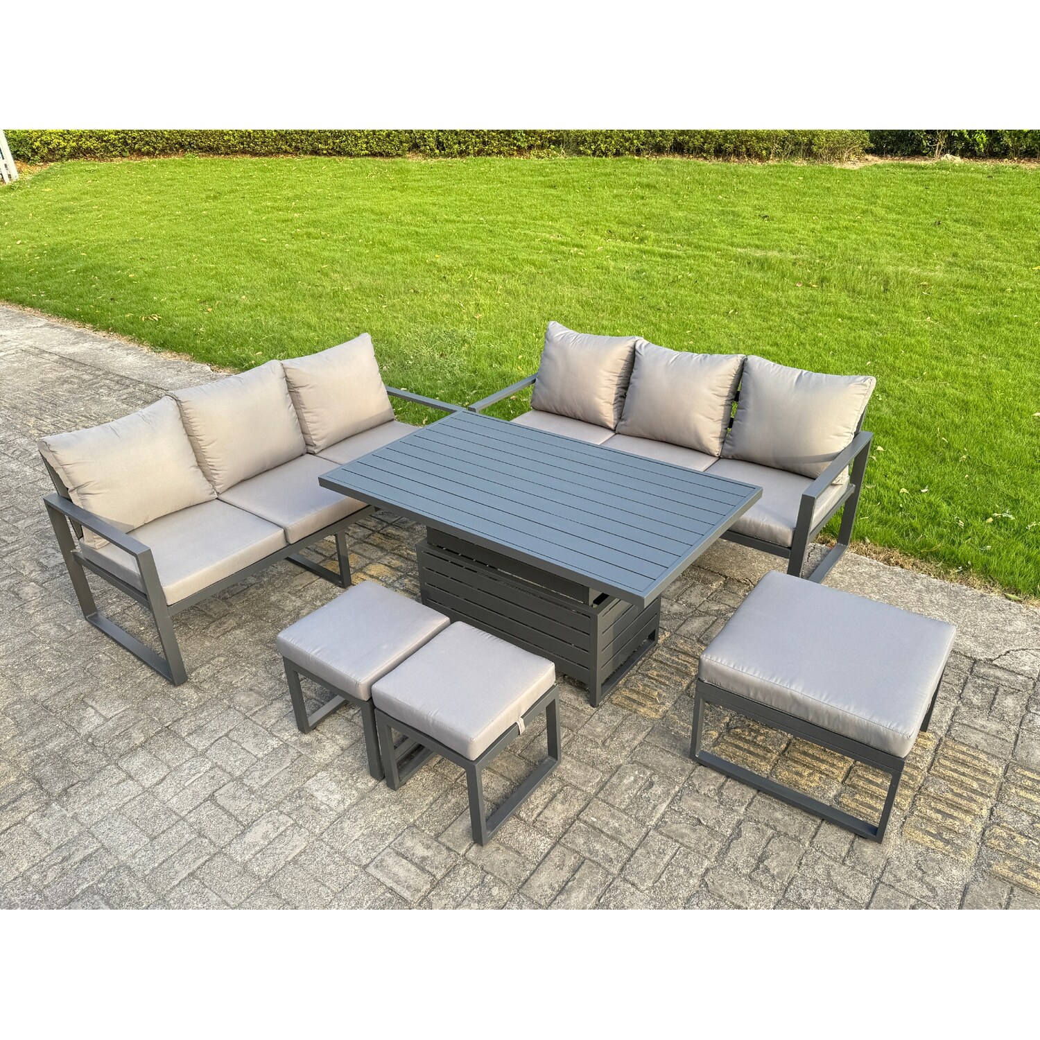 Fimous Unisex Dark Grey Aluminum 6-Piece Sofa Set With Lifting Table, Cushions & 3 Footstools In Size 6 - Image 3