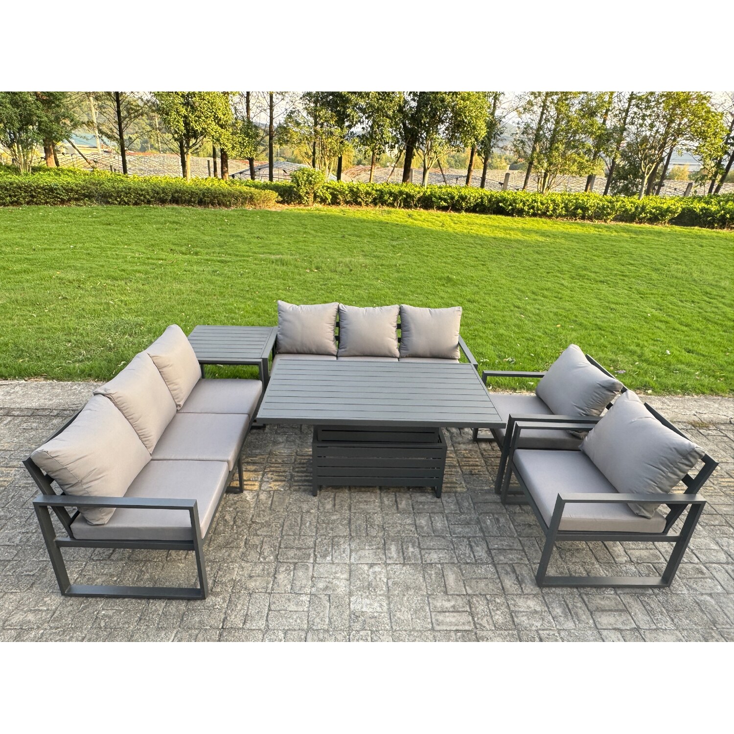 Rackhams Dark/Grey 8 Seater Aluminium Furniture Set With Adjustable Rising Dining Table, 2 Chairs, Side Table - Image 3