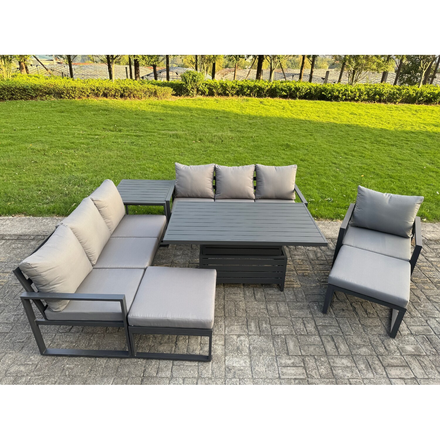 B&Q - Garden Aluminium Furniture Set 9 Seater Adjustable Rising Lifting Dining Table With 2 Big Footstools Side Table Dark Grey - Image 2