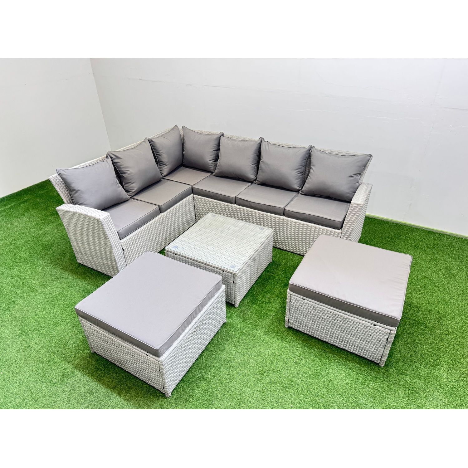 Fimous Outdoor Rattan Garden Furniture Set 8 Seater Corner Sofa Sets With Square Coffee Table 2 Big Footstools Light Grey Mixed - Image 3