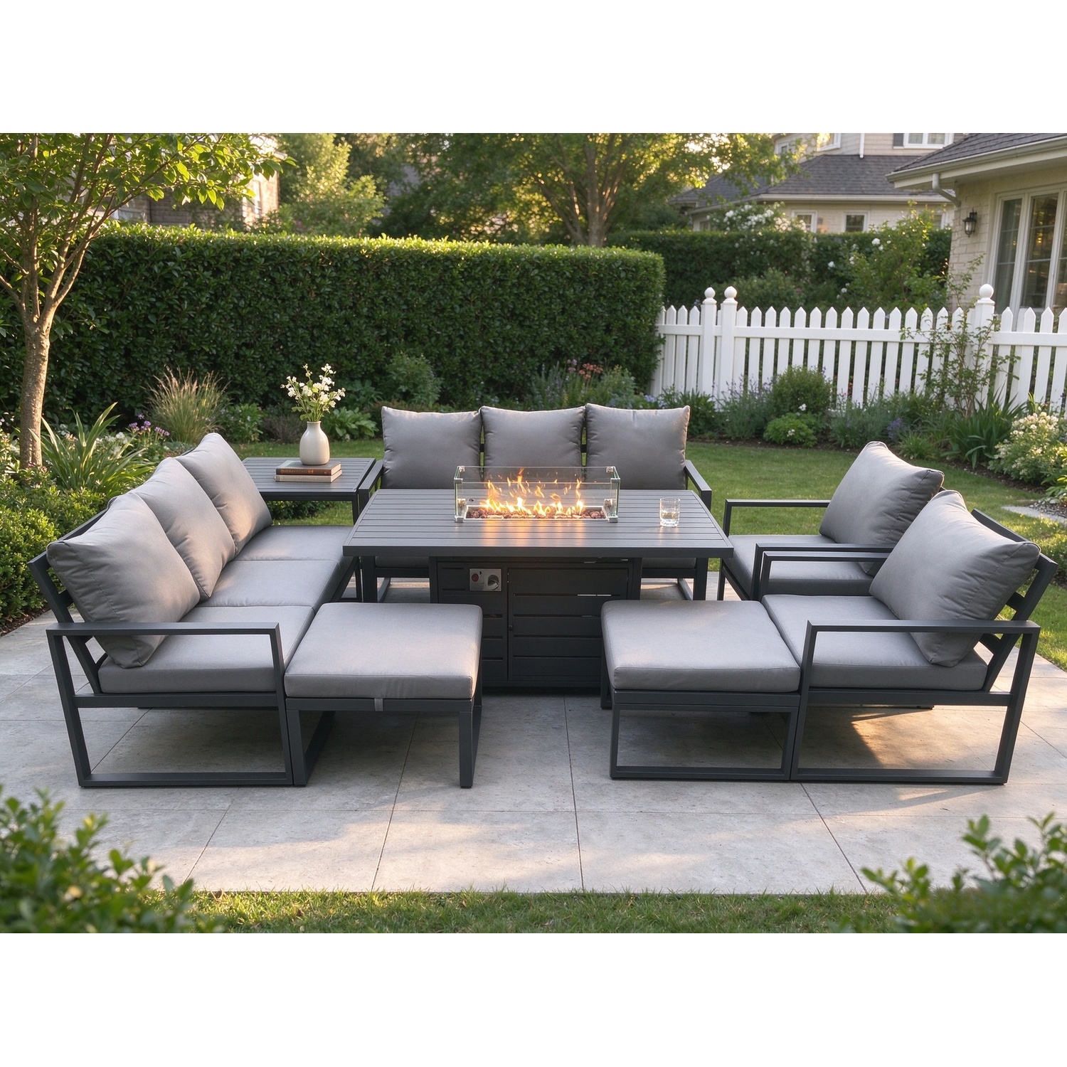 Fimous Aluminium Outdoor Garden Furniture Set Patio Lounge Sofa Gas Fire Pit Dining Table Set With 2 Big Footstools Dark Grey - Image 3