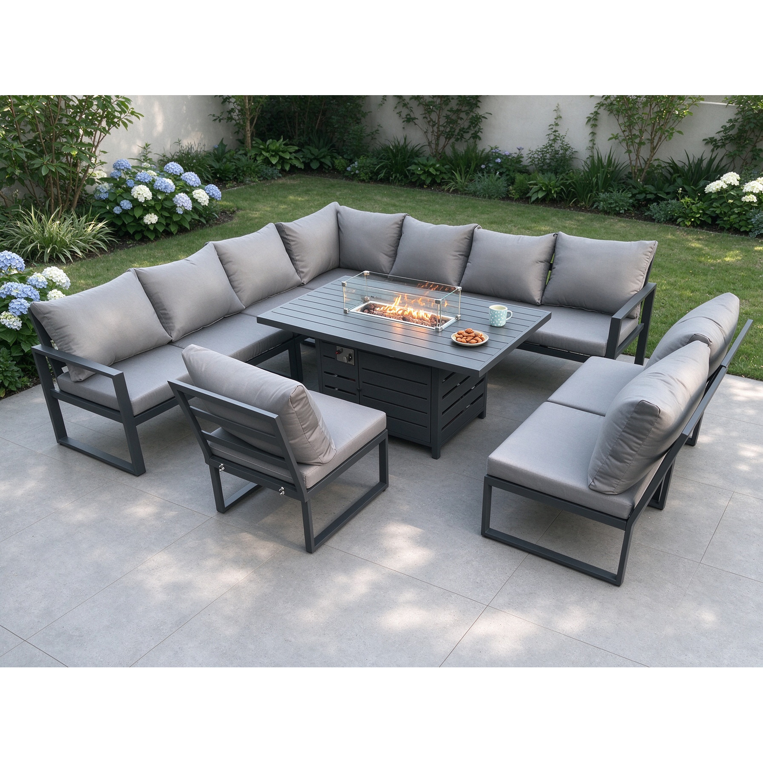 Fimous Dark/Grey Aluminium 10 Seater Lounge Corner Sofa Outdoor Garden Furniture Sets Gas Fire Pit Dining Table Set - Image 2