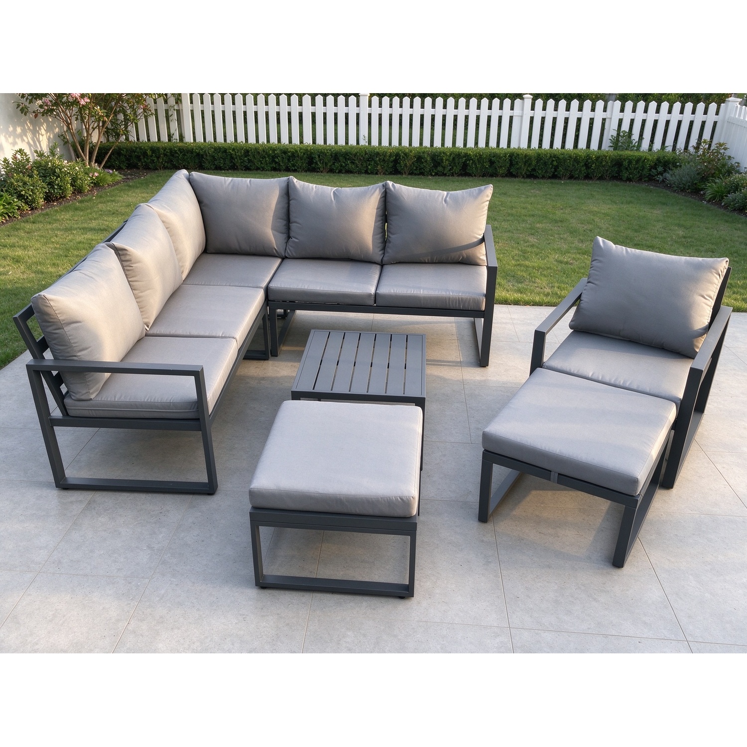 Fimous Dark/Grey Outdoor Garden Furniture Set Aluminium Lounge Sofa Square Coffee Table Sets With Chair 2 Big Footstools Indoor Conservatory Set - Image 2