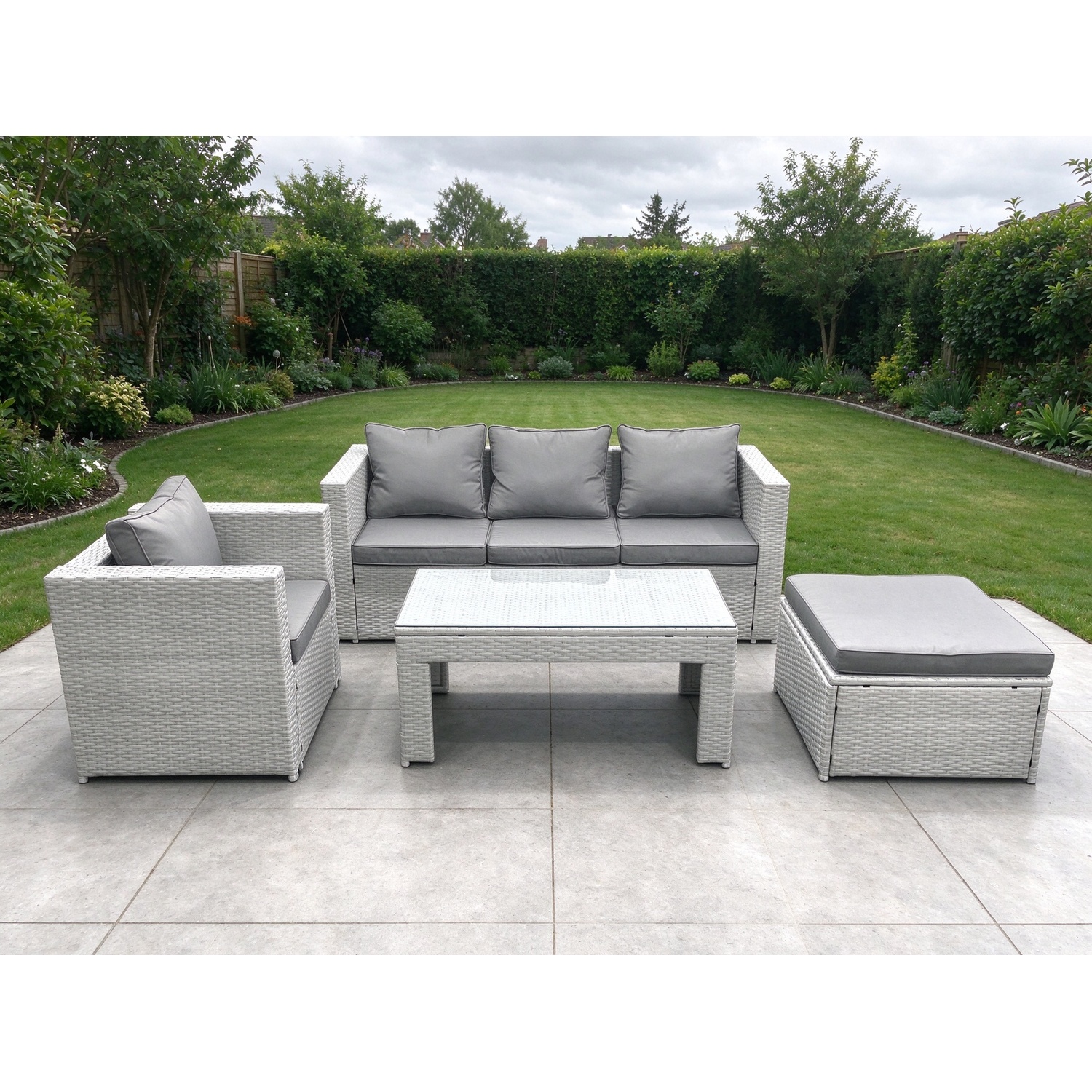Fimous Light/Grey Rattan Garden Furniture Set 4 Pieces Outdoor Garden Sofa Oblong Coffee Table Set With Chair Big Footstool Mixed - Image 2