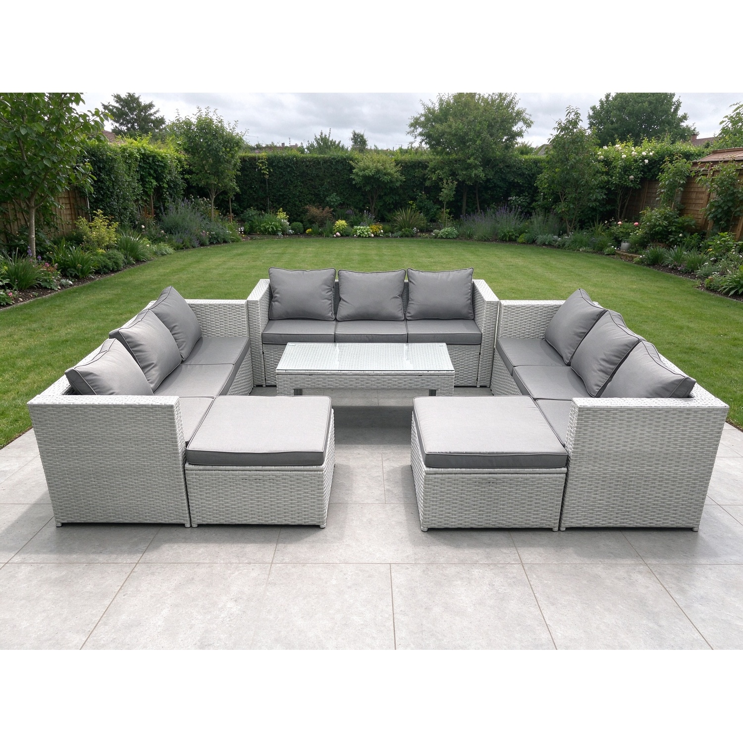 Fimous 11-Seater Rattan Garden Furniture Set With Oblong Tempered Glass Coffee Table - Image 1