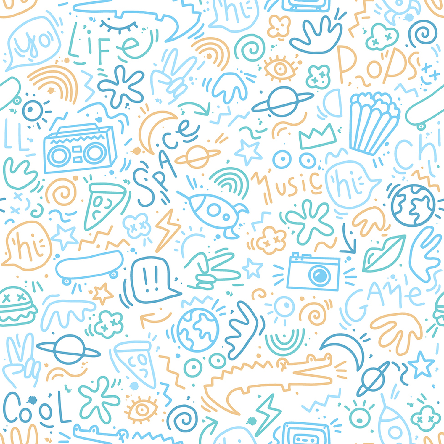 Muriva Doodle Blue Yellow - Blue