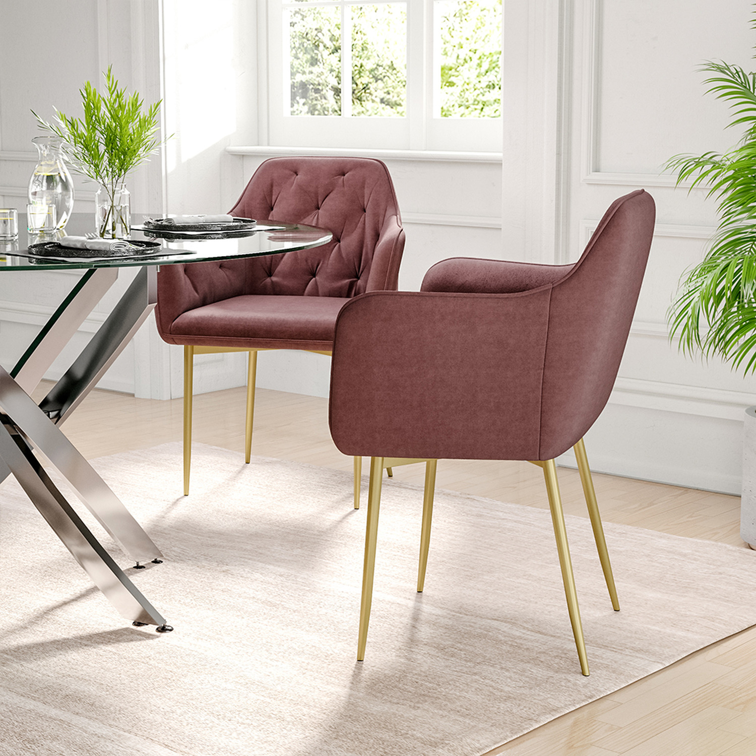 Livingandhome - Upholstered Velvet Dining Chair Accent Armchair Metal Legs - Pink thumbnail