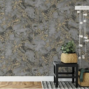 Metallic Ripple Liquid Marble Swirl Charcoal Grey Gold Shimmer Wallpaper