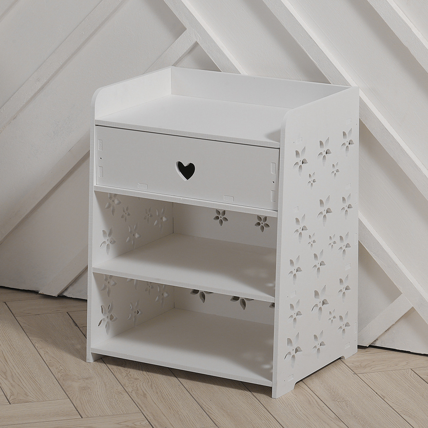 Livingandhome Hollow Carved Flower Pattern Side Table - White