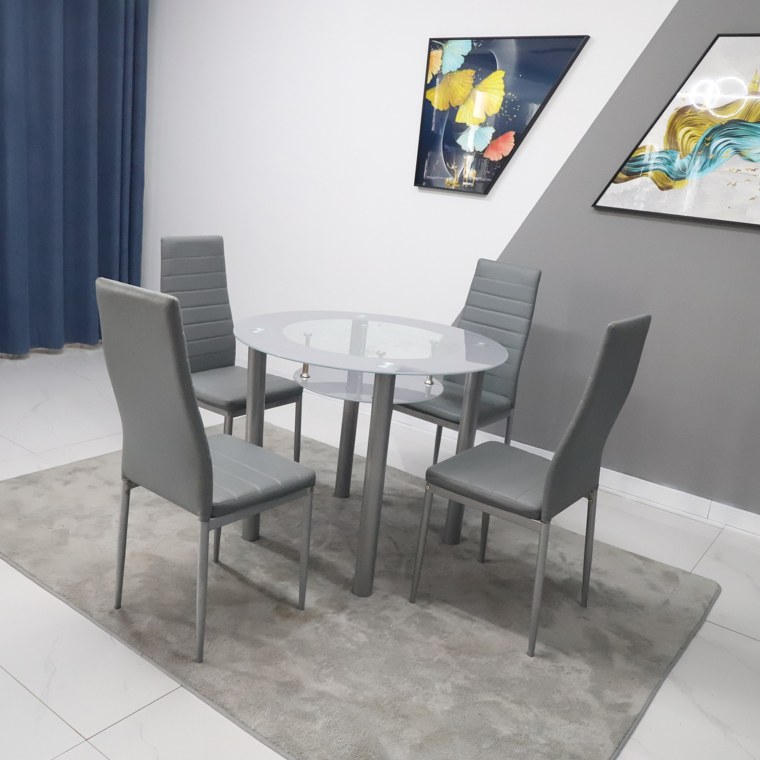 Round Glass Grey Dining Table With Storage Shelf And 4 Grey Metal Chairs Set - Grey