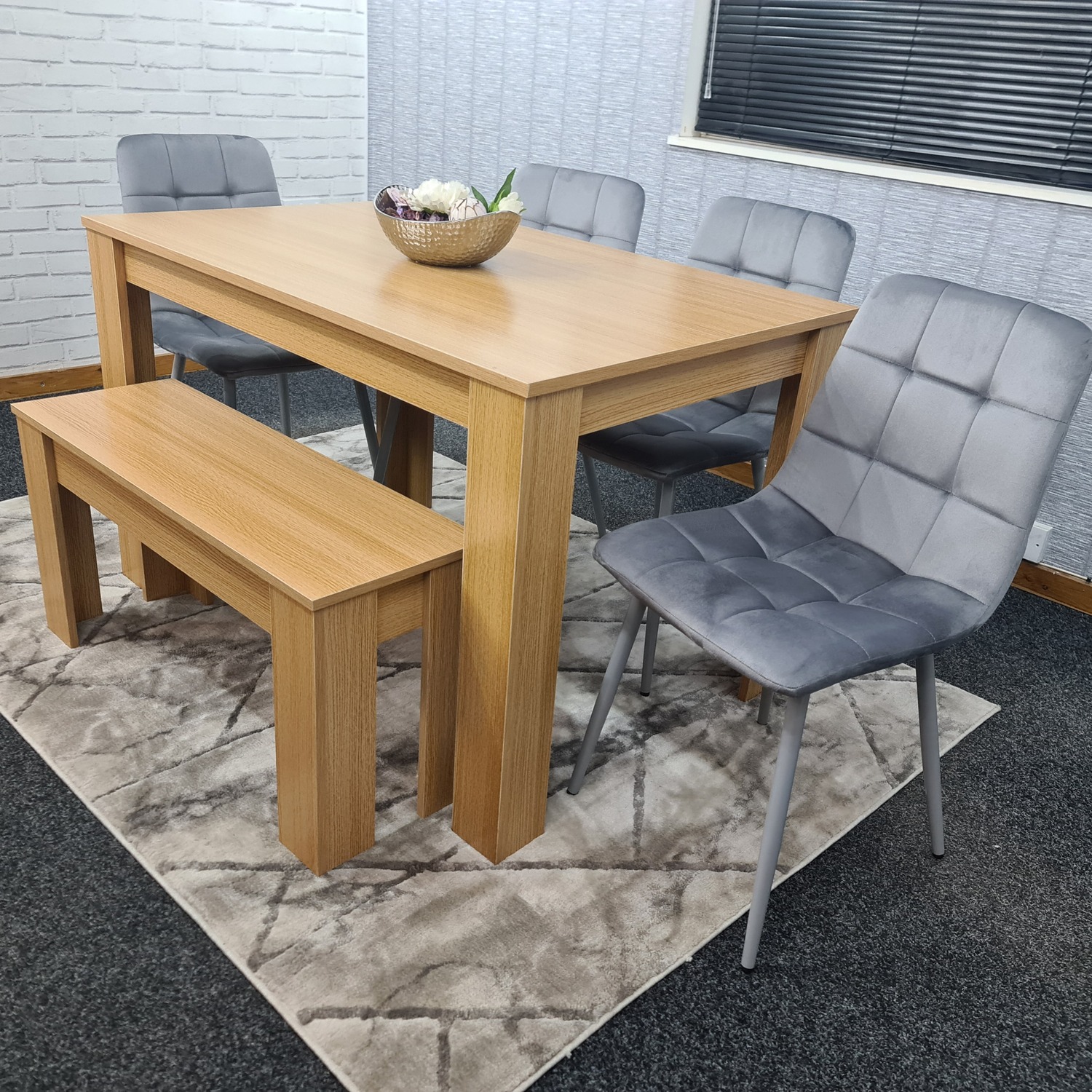 Oak Wooden Table With 4 Tufted Velvet Grey Chair And 1 Bench Dining Set - Oak Grey