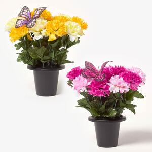 Homescapes Set of 2 Yellow  Pink Carnation Artificial Flowers in Grave Vases