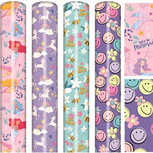 Giftmaker Kraft Wrapping Paper Roll - 3M X 69cm, Multi-Colored, Birthday Design, 4 Rolls