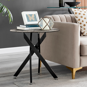 Novara Round Side Table Glass Marble Effect Top Black Legs