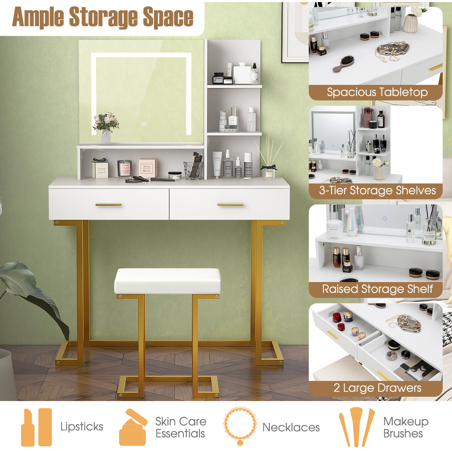 Mirror Makeup Vanity Table With Cushioned Stool - White