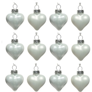 12 Mini Heart Bauble Real Glass Winter White Christmas Tree Ornament