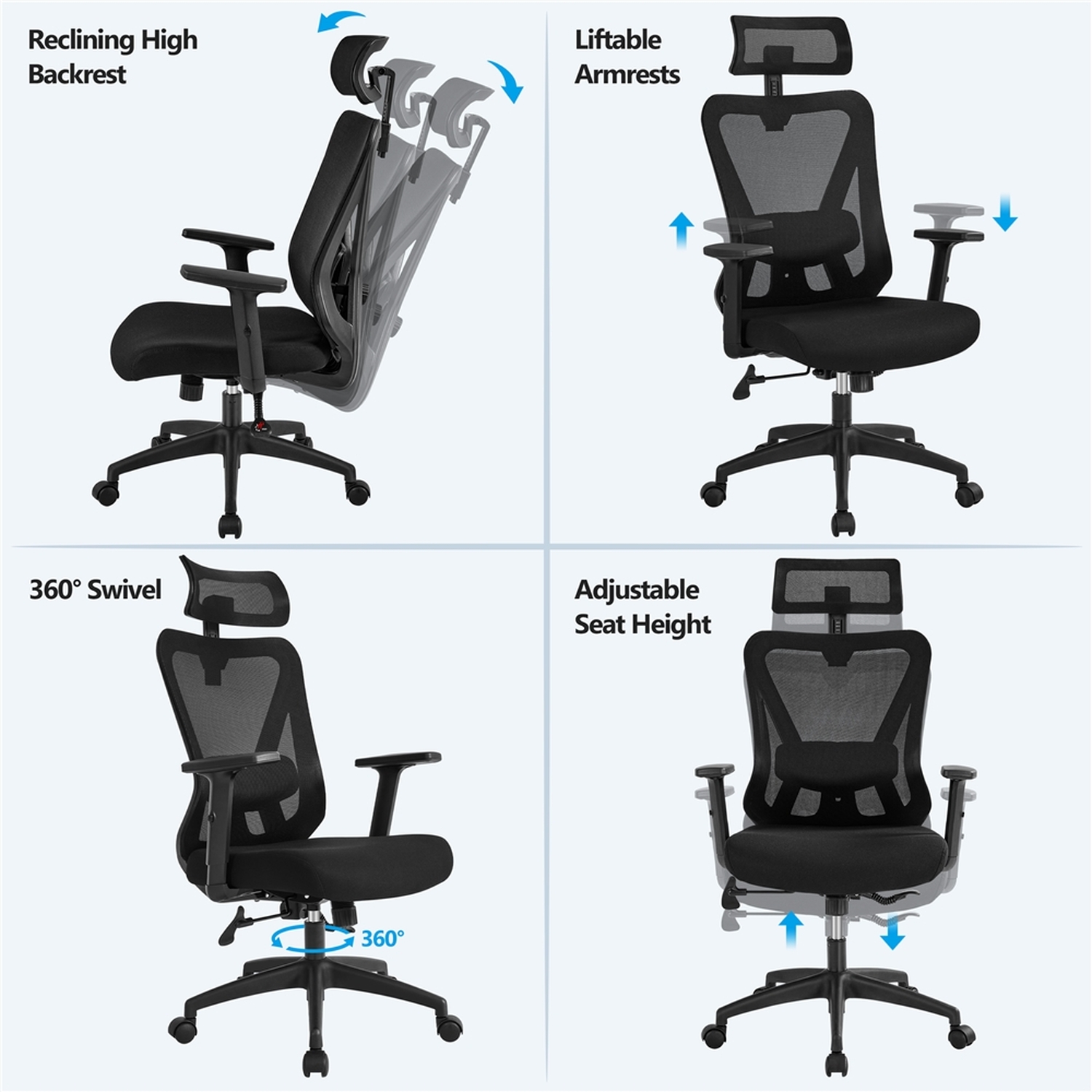 High Back Mesh Office Chair Ergonomic Design - Black