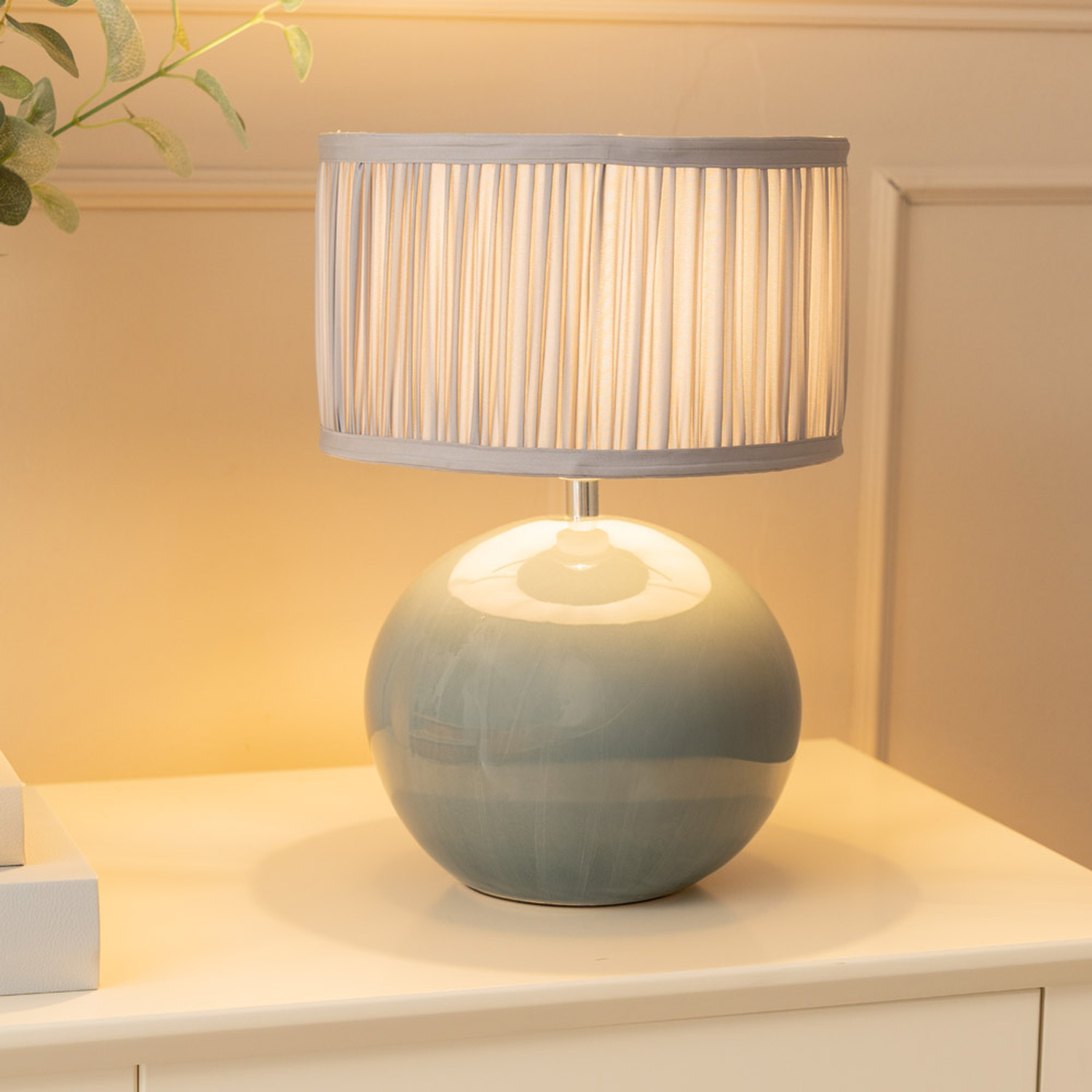 Bosco Eucalyptus Ceramic Table Lamp with Ruched Pleated Fabric Drum Lamp Shade - Powder Blue / Bulb Included