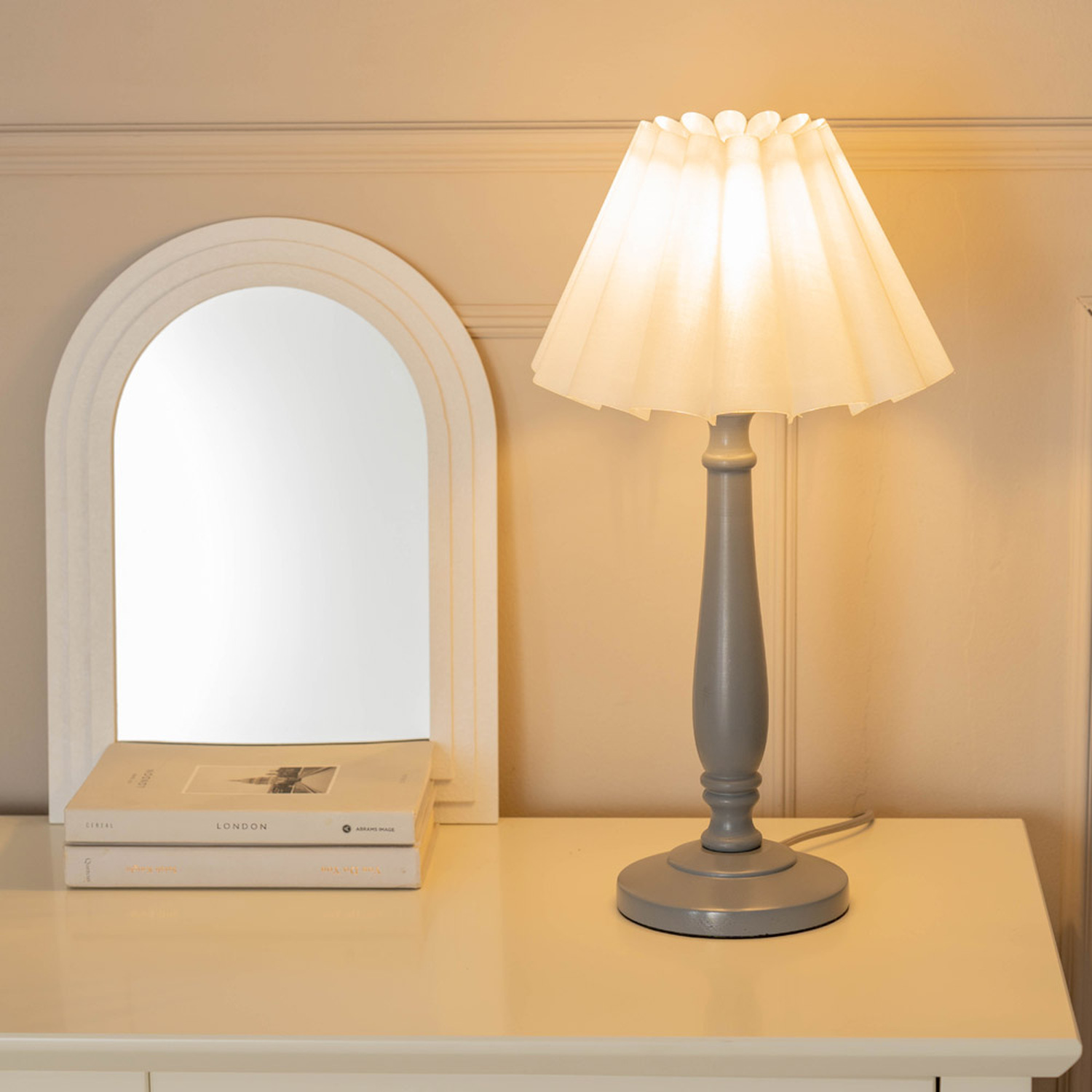 Victoria Grey Wood Candlestick Stem Table Lamp with White Scallop Tapered Shade - Including Bulb