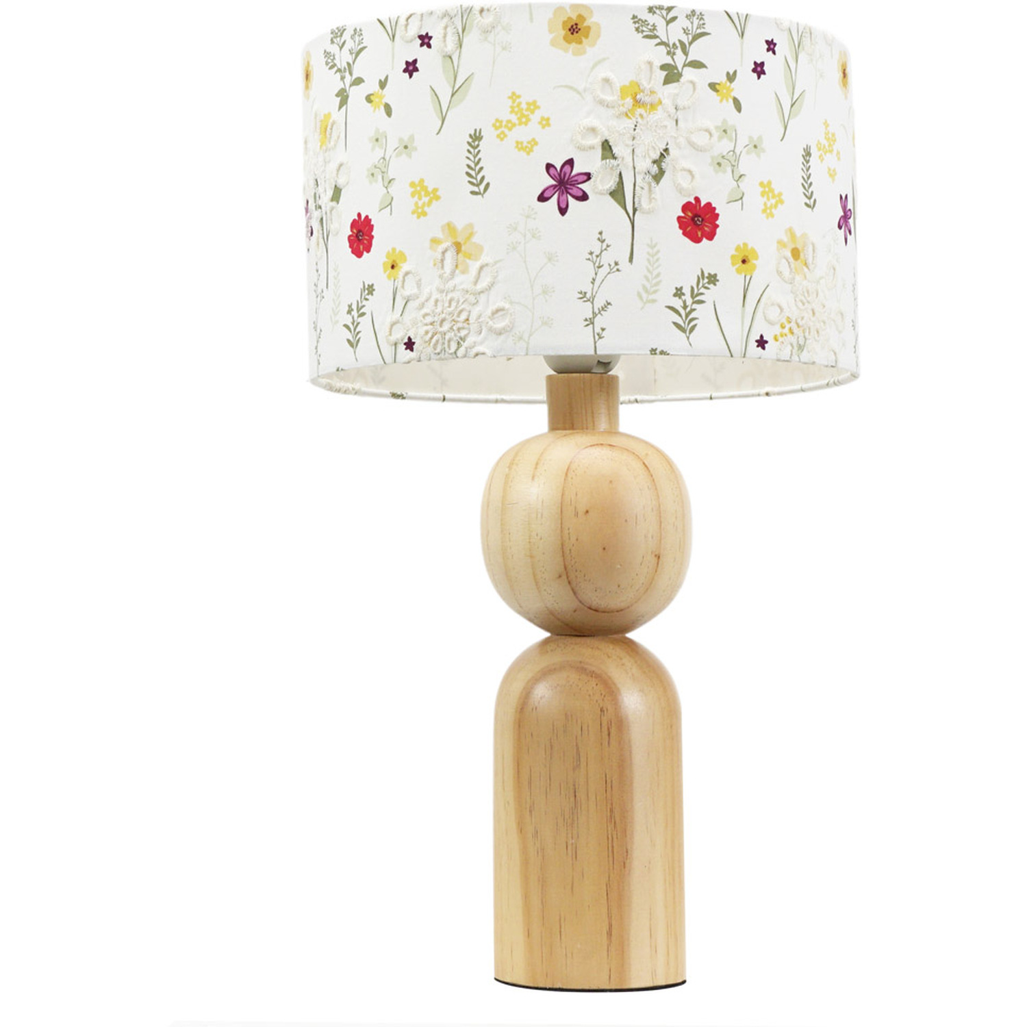 Azalea Rustic Wooden Table Lamp with Floral Embroidered Drum Shade - Natural / Bulb Included