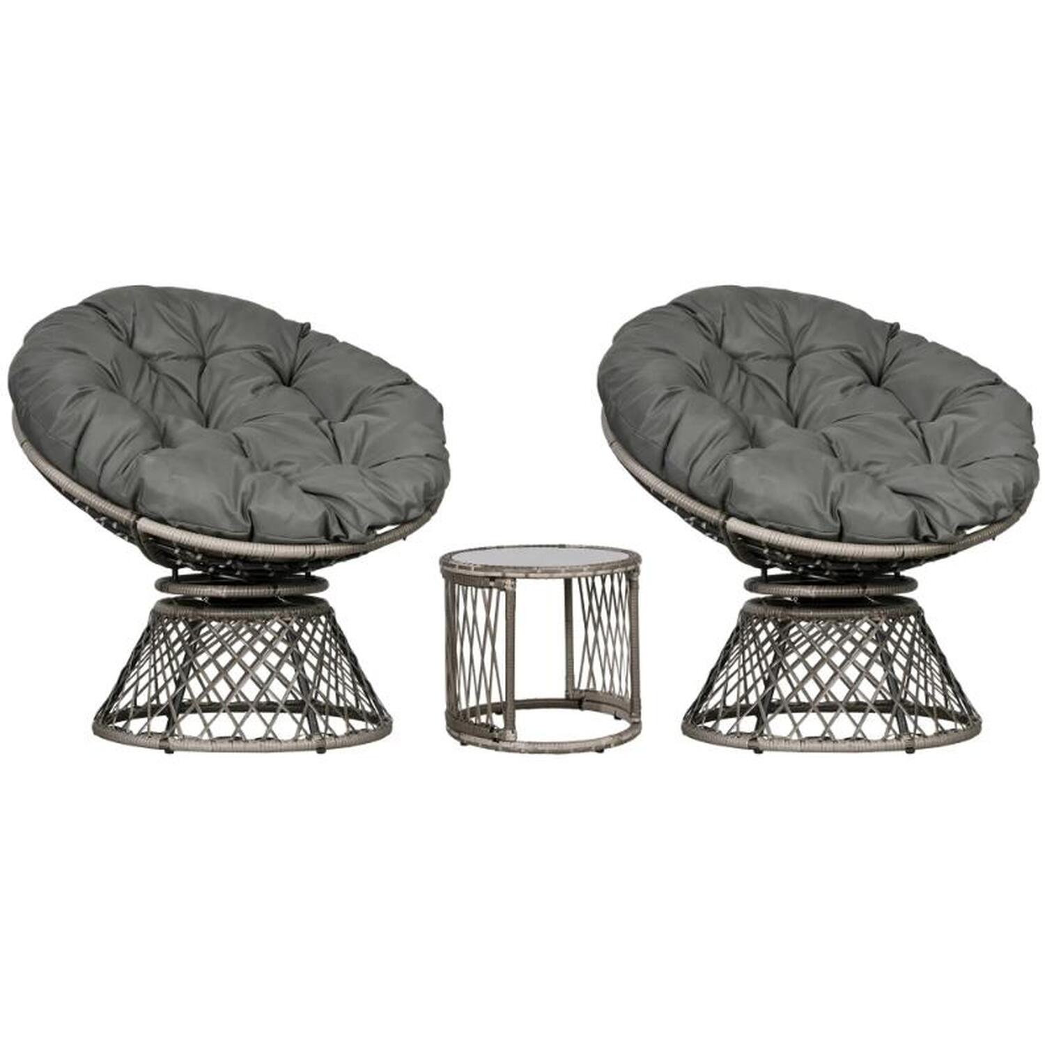 Three Piece Rattan Garden Moon Chair Set - Grey