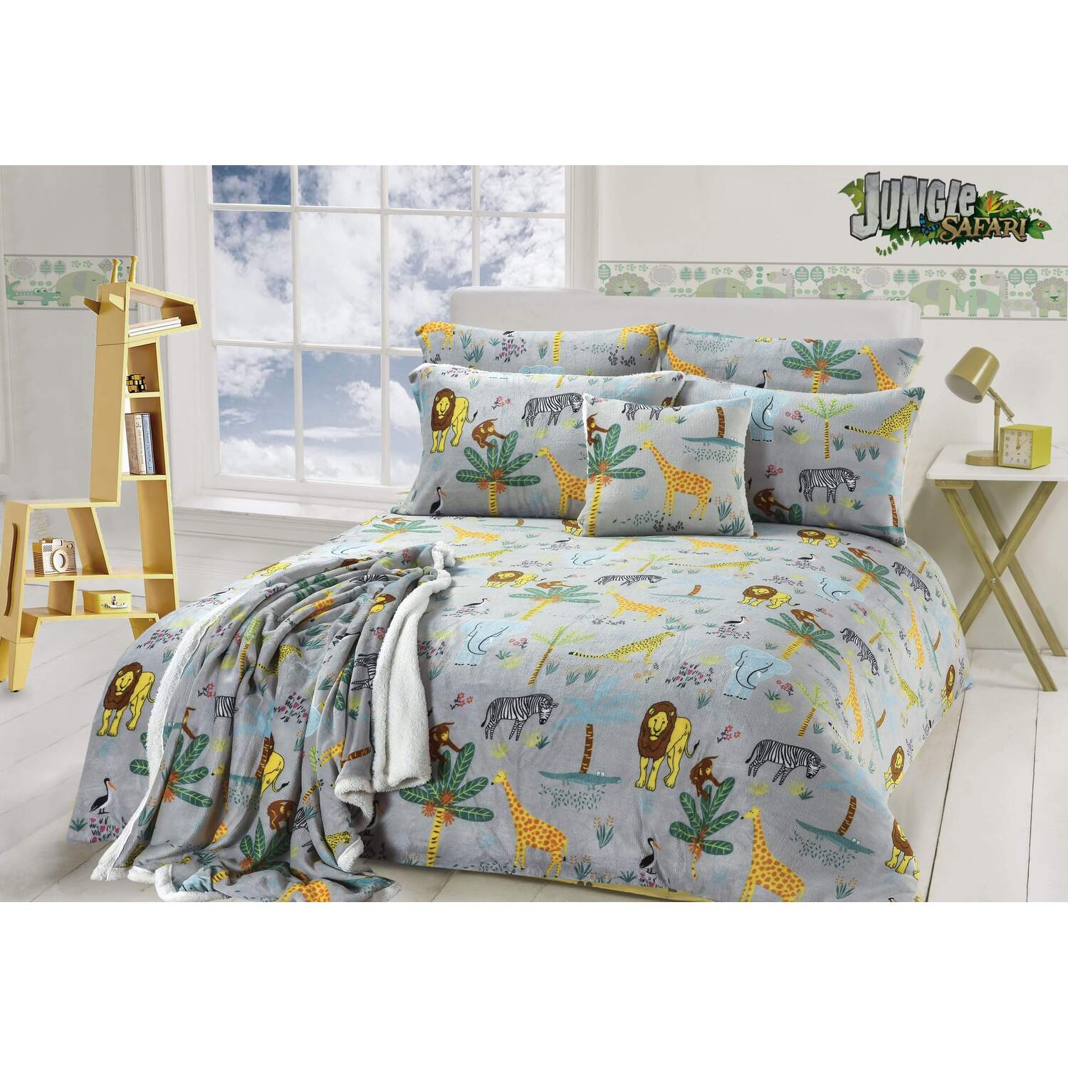 Jungle Safari Animal Kingdom Teddy Duvet Set - Grey Double