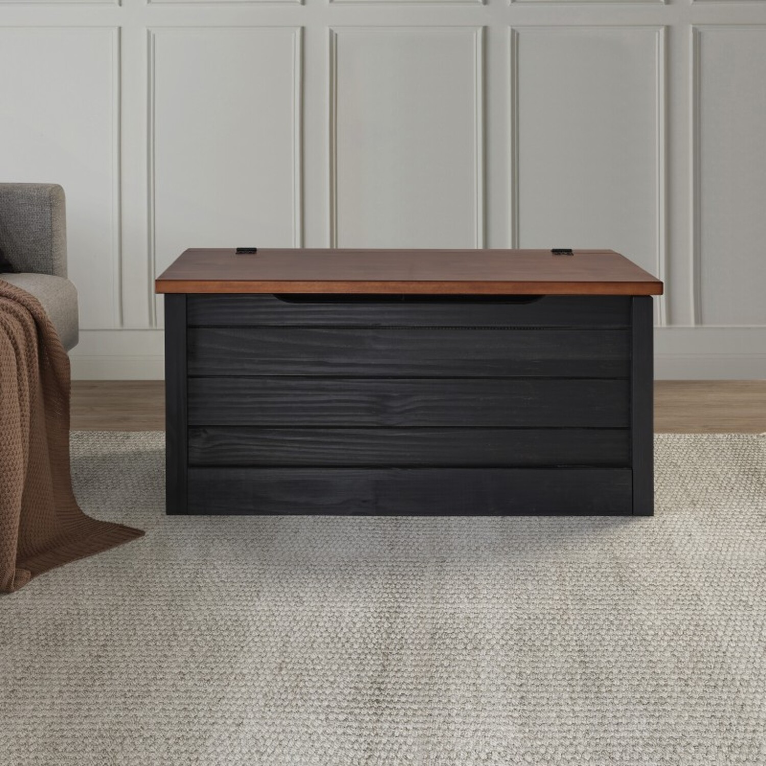 Cottage Blanket Box Ottoman Chest Storage Toy Wooden Solid Wood - Black