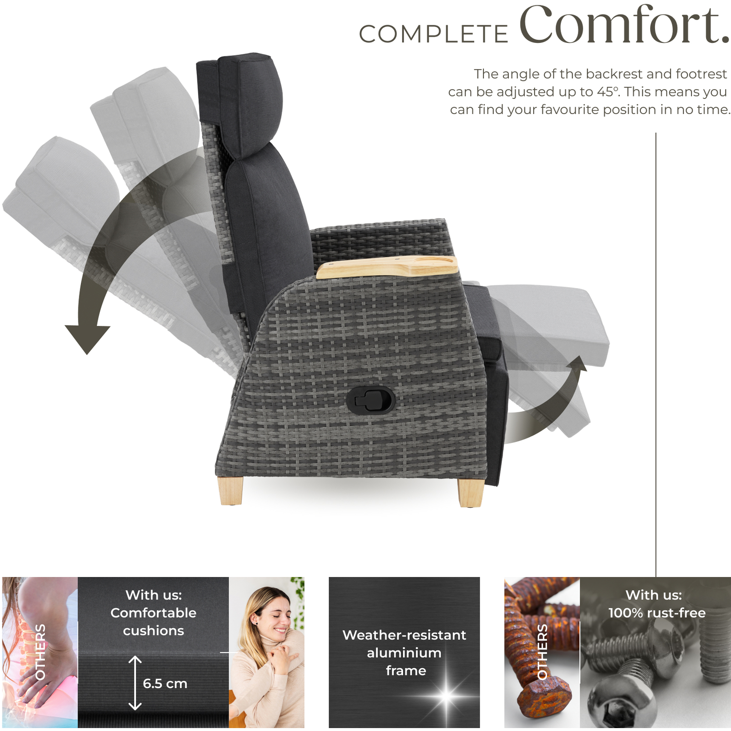Garden Chair Pescara - Reclining Adjustable Footrest Thick Padding - Grey 1