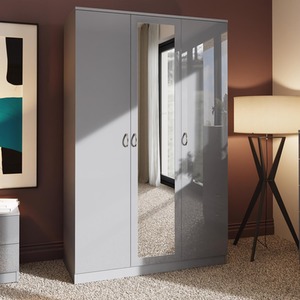 Grey Gloss 3 Door Triple Mirrored Wardrobe Full Length Hanging Rail