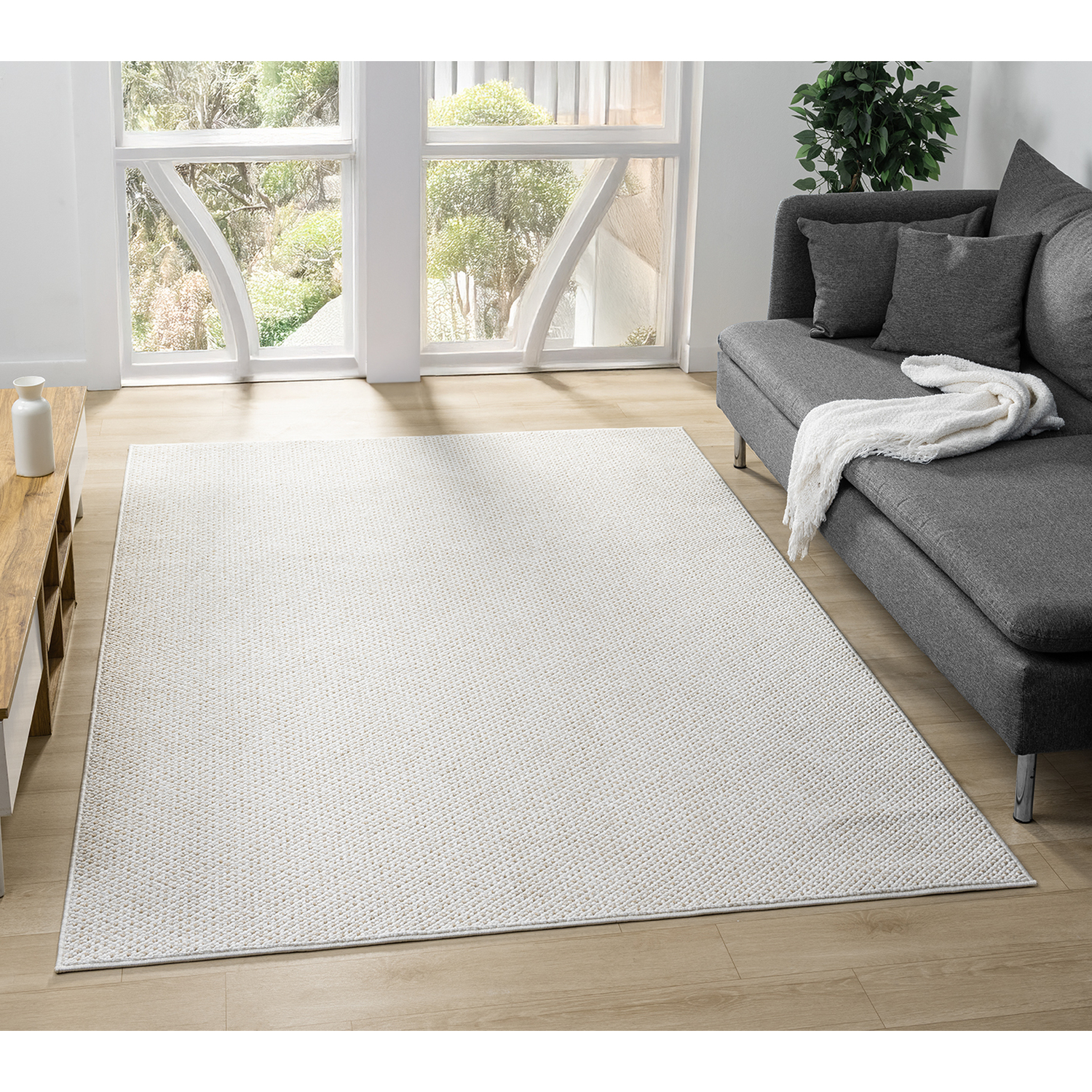 Avior Washable Mottle Living Room Area Rug - Loop Pile Pebble Design Cream Rug - Cream / 170cm