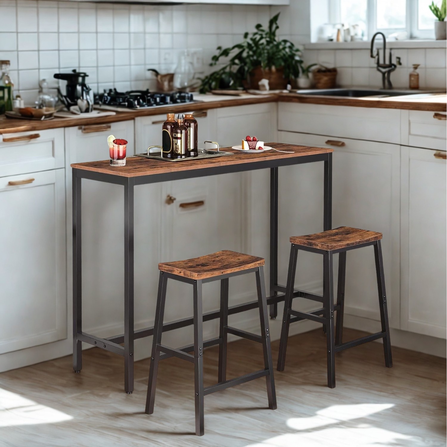 Set Of 2 Kitchen Counter Height Breakfast Bar Stools With Footrest Brown - Rustic Brown 60cm