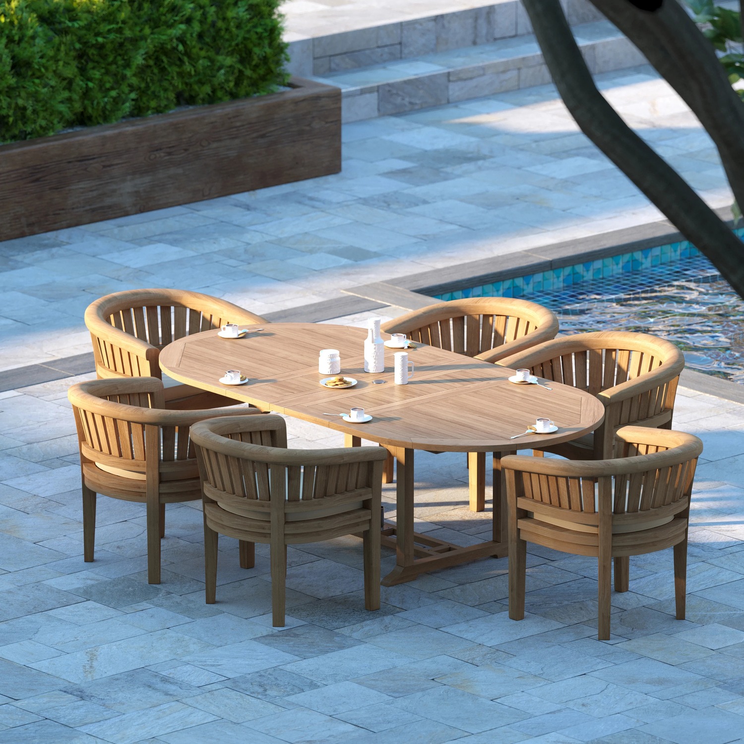 Salerno Teak Garden Dining Table And 6 Seat Chair Set - Teak Table 6 Chairs Black Cushions