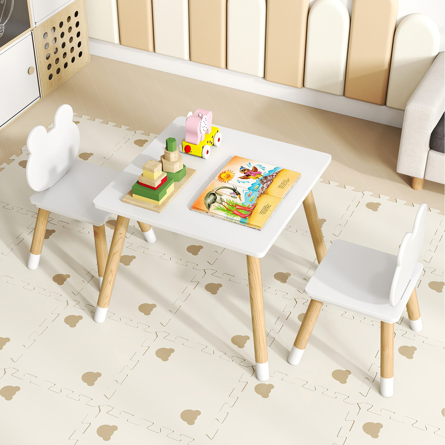 3 Pcs Kids Wooden Table And Chair Set - White