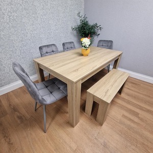 Oak Wooden Table With 4 Tufted Velvet Grey Chair and 1 Bench Dining Set