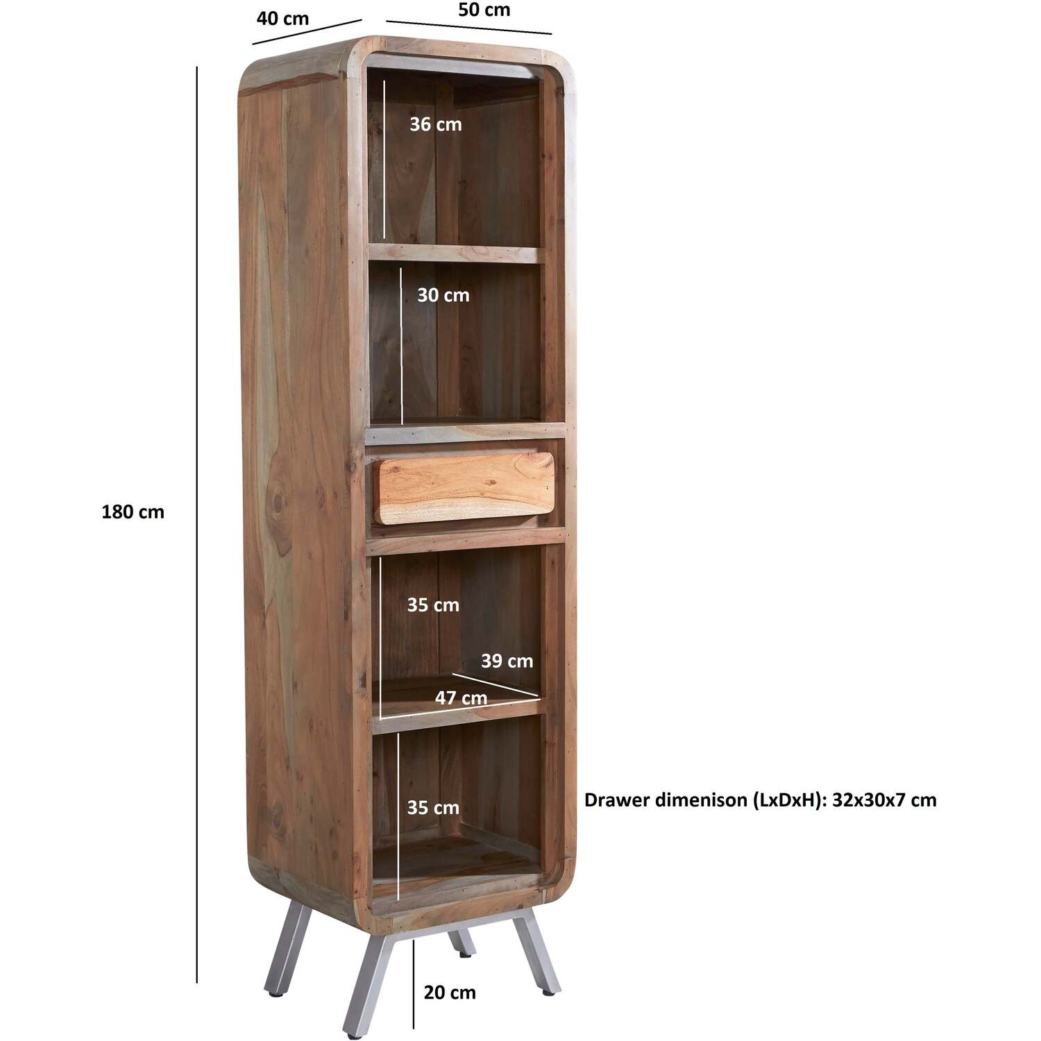 Los Angeles Reclaimed Wood Narrow Bookcase - 1 Drawer 2 Shelves - Brown