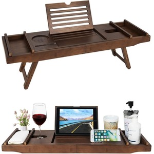 Bamboo Extendable Bath Tub Caddy with Folding Legs