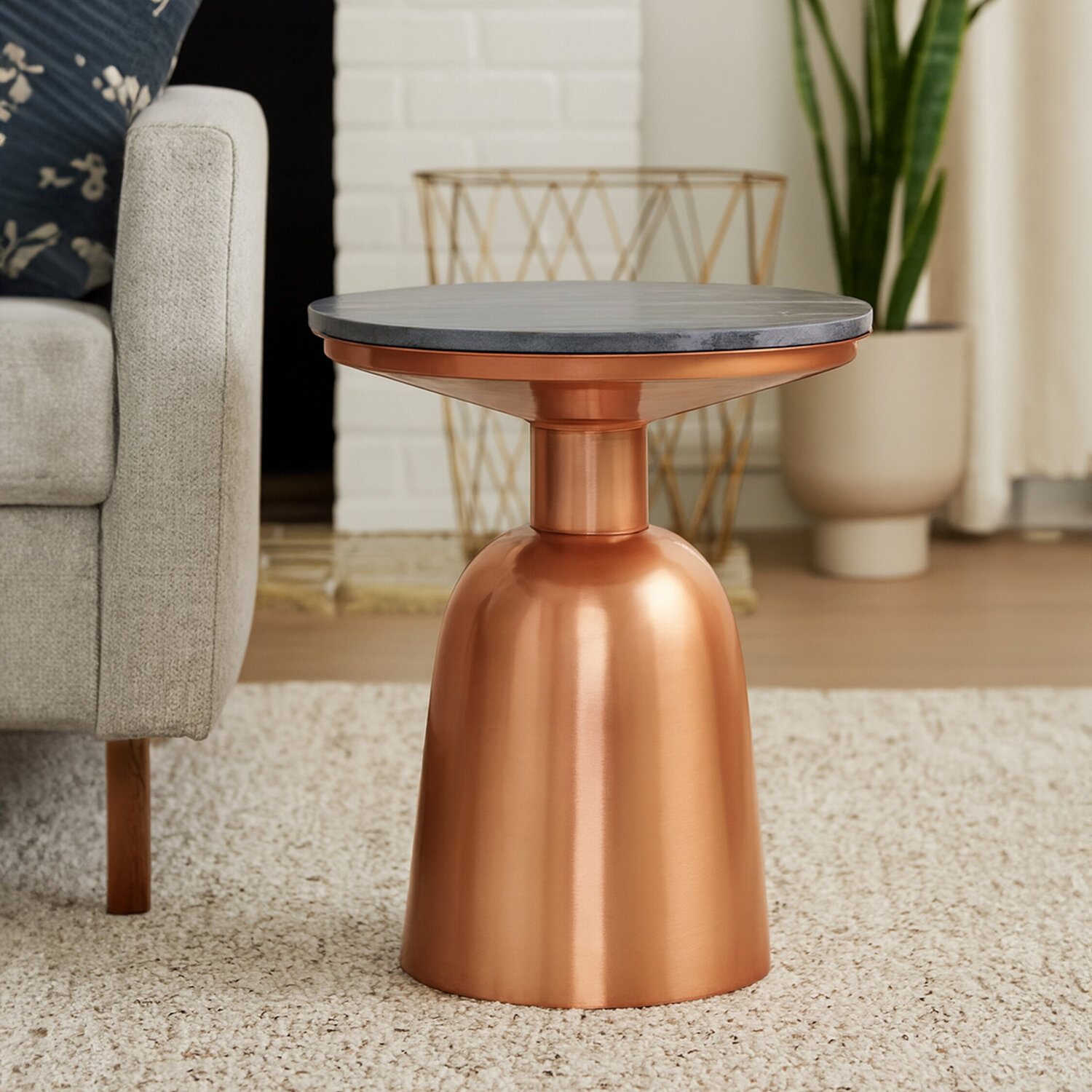 Amira Black Marble Top Copper Base Side Table. - Rose gold