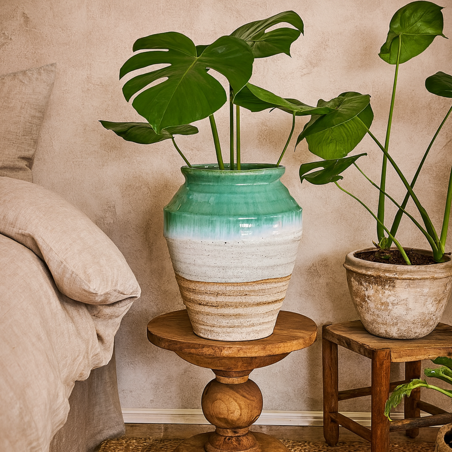 Rustic Ombre Turquoise and Sand Glazed Ceramic Vase - White