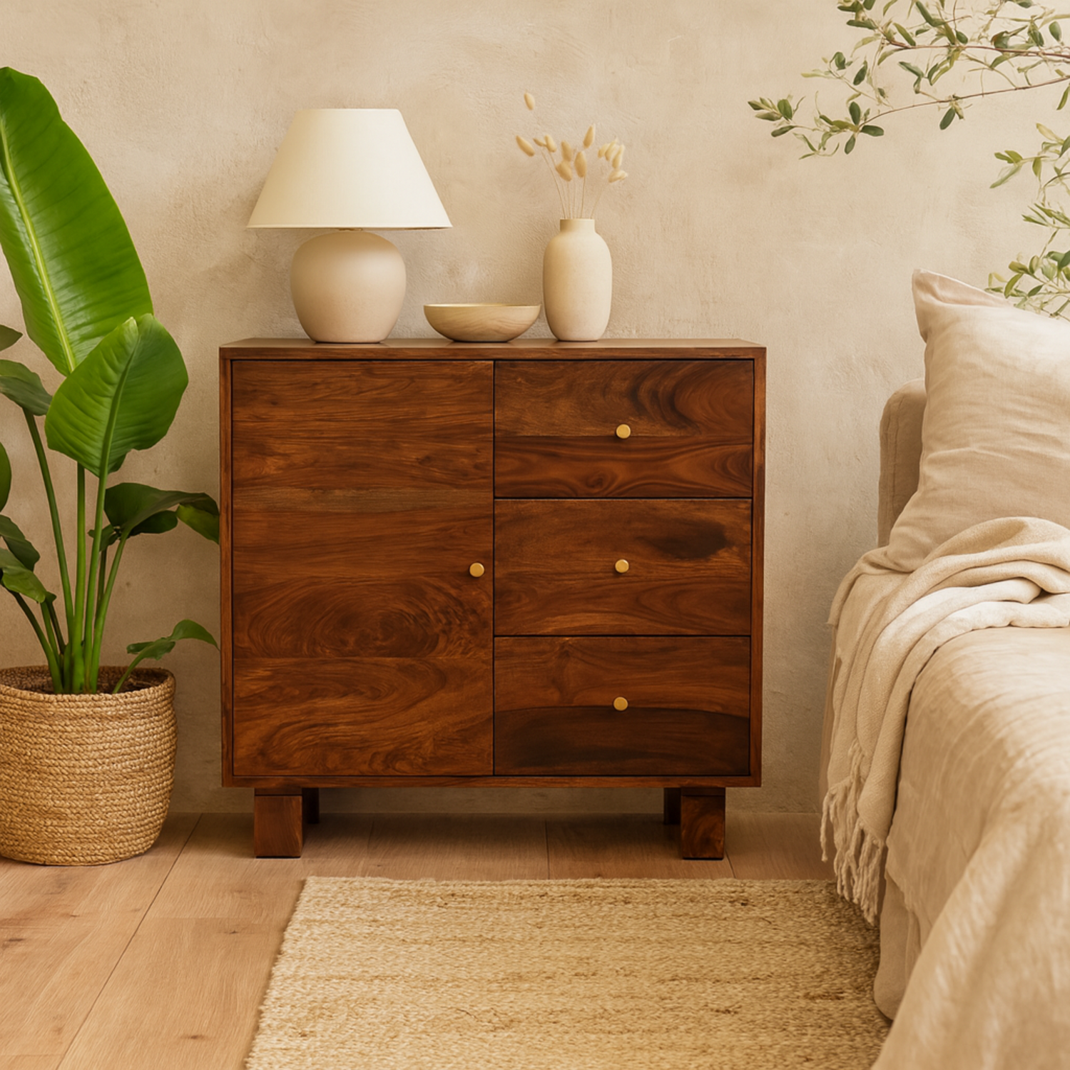 Bologna Small Sheesham Wood Sideboard Chestnut Matt 3 Drawers 1 Door - Brown