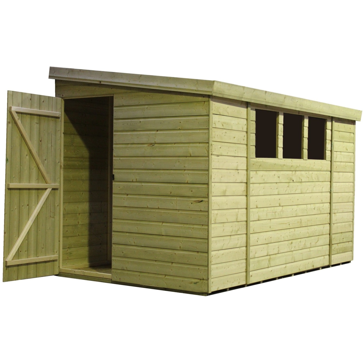 Empire 3000 9x6 Pent Garden Shed with a Single Door on Left Side Panel & 3 Windows - Green