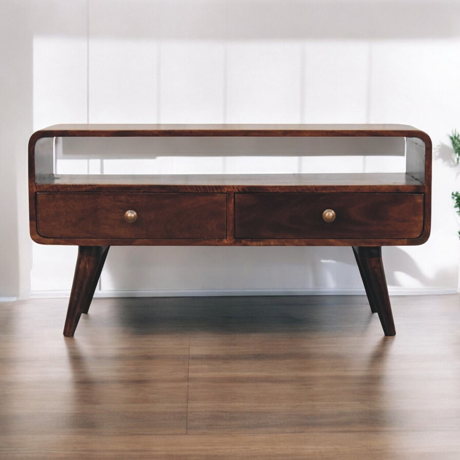 Solid Wood Curved California Walnut Media Unit - Brown